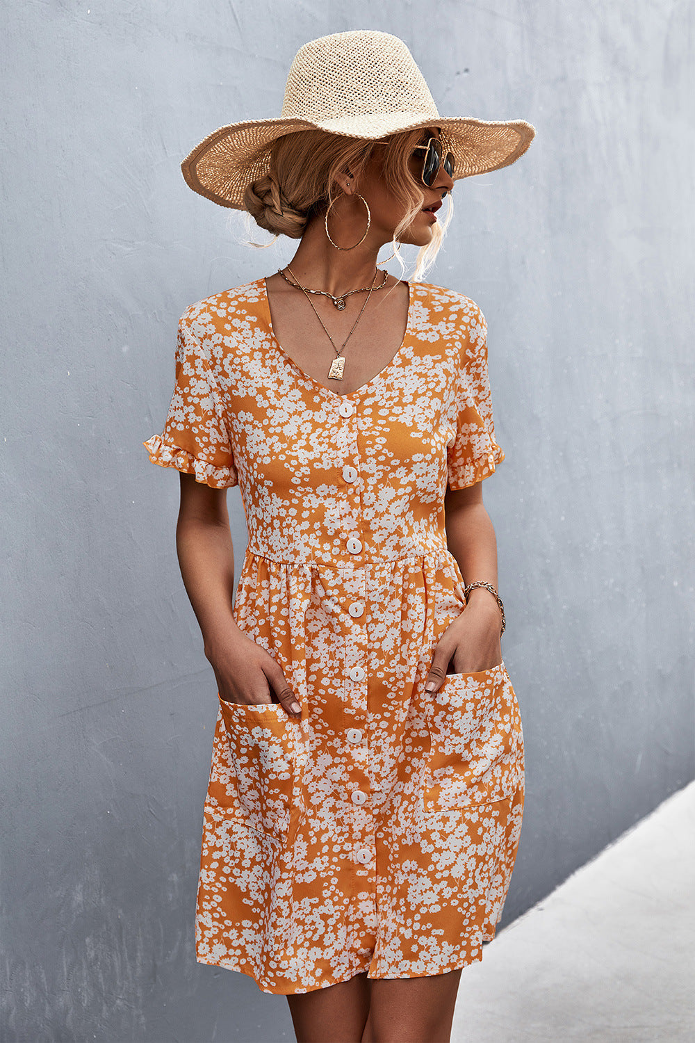 Printed Button down Pocketed Dress  Dresses- Doll Fits