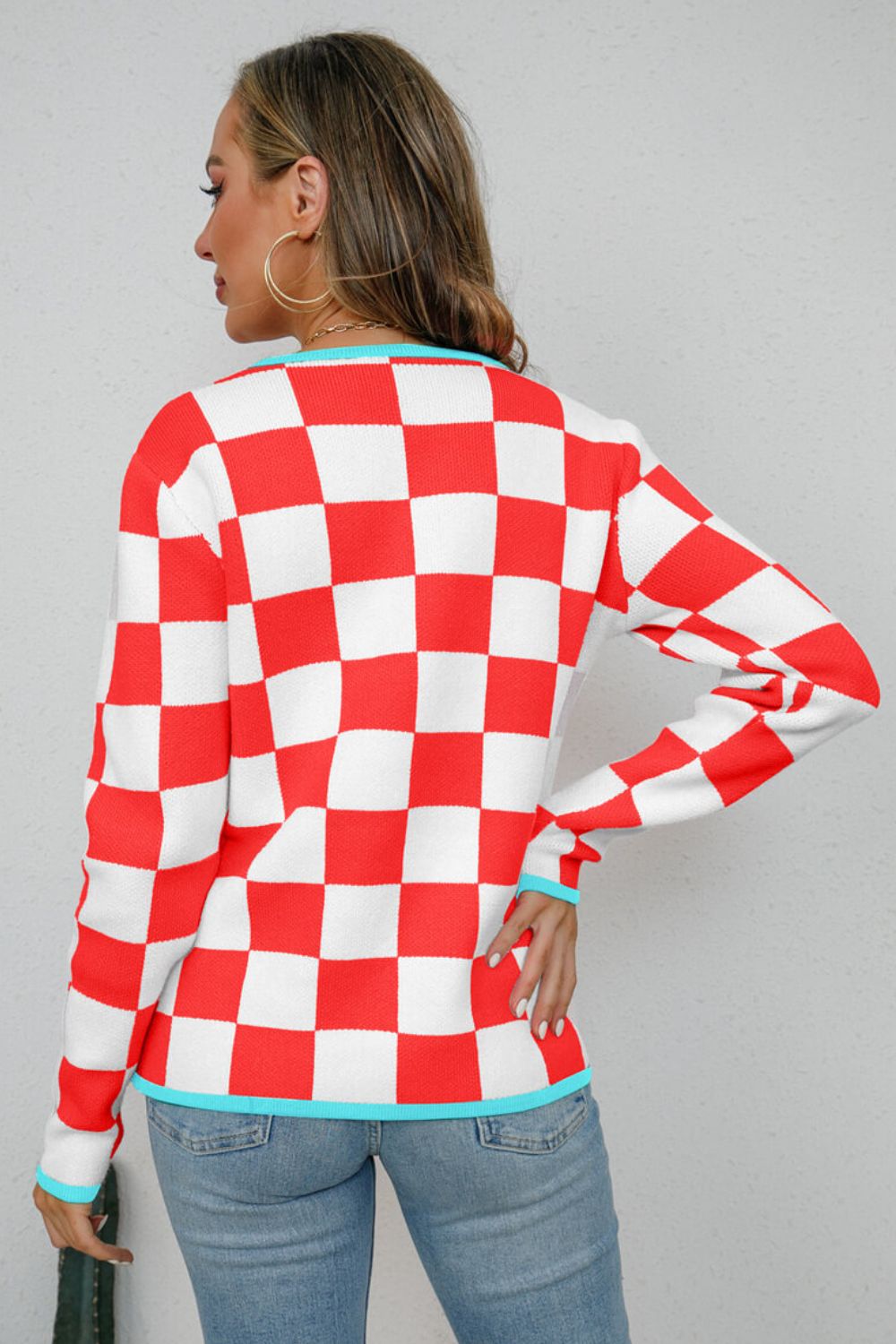 Checkered Round Neck Sweater  Shirts & Tops- Doll Fits