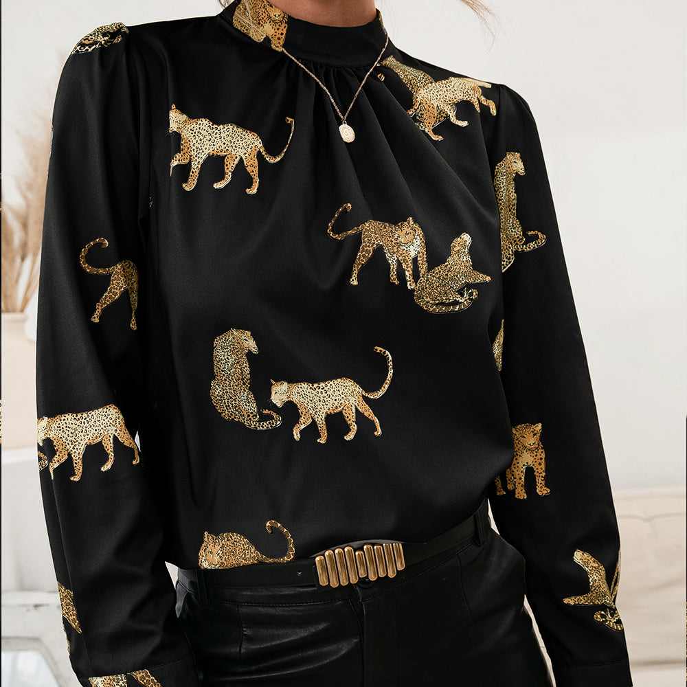 Leopard Graphic Mock Neck Puff Sleeve Blouse  Shirts & Tops- Doll Fits