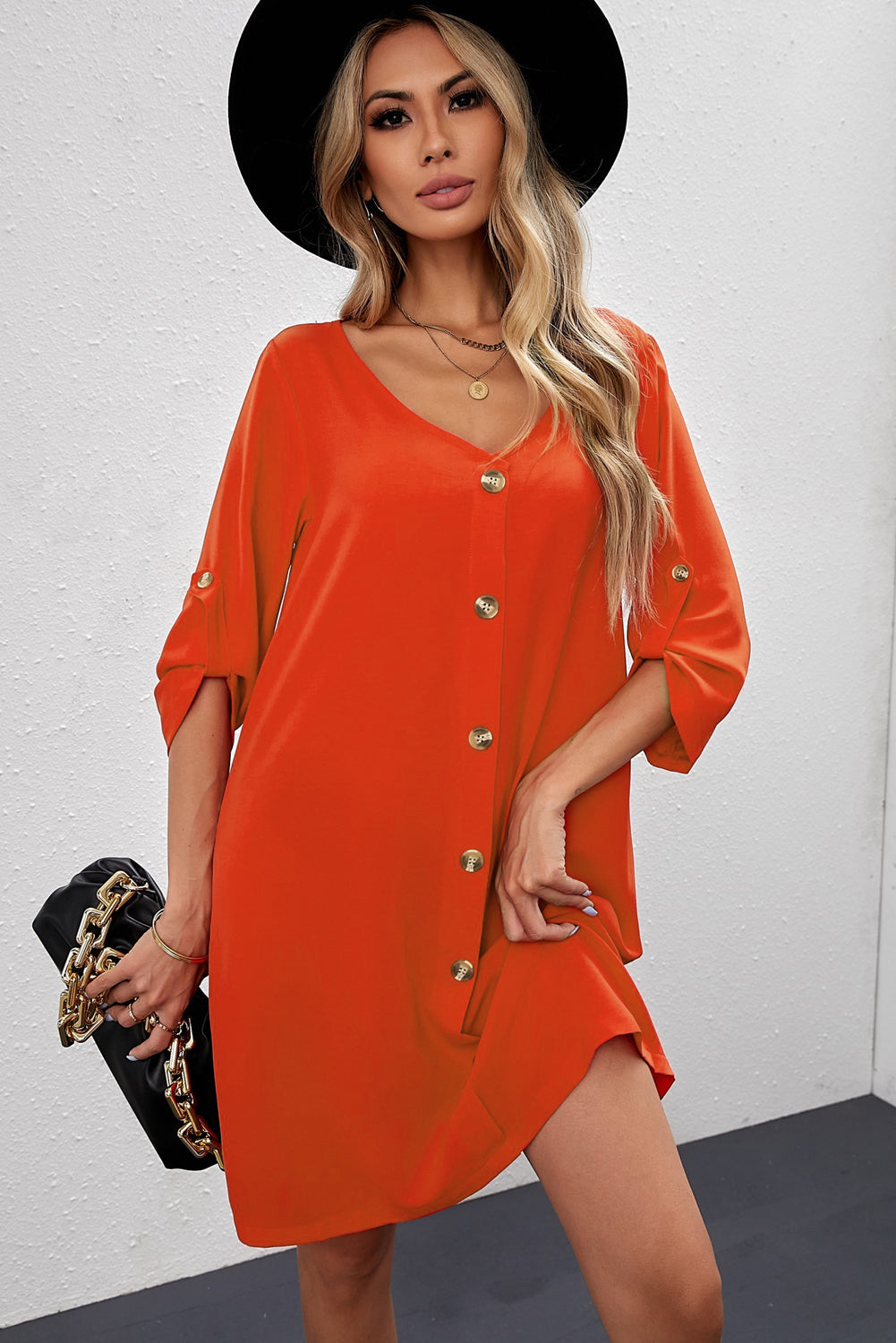 Buttoned V-Neck Dress  Dresses- Doll Fits