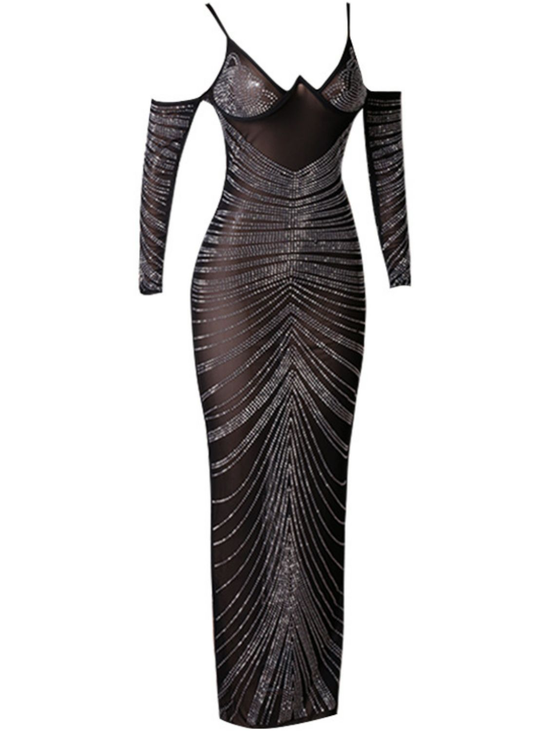 Rhinestone Spaghetti Strap Cold-Shoulder Mesh Maxi Dress  Dresses- Doll Fits