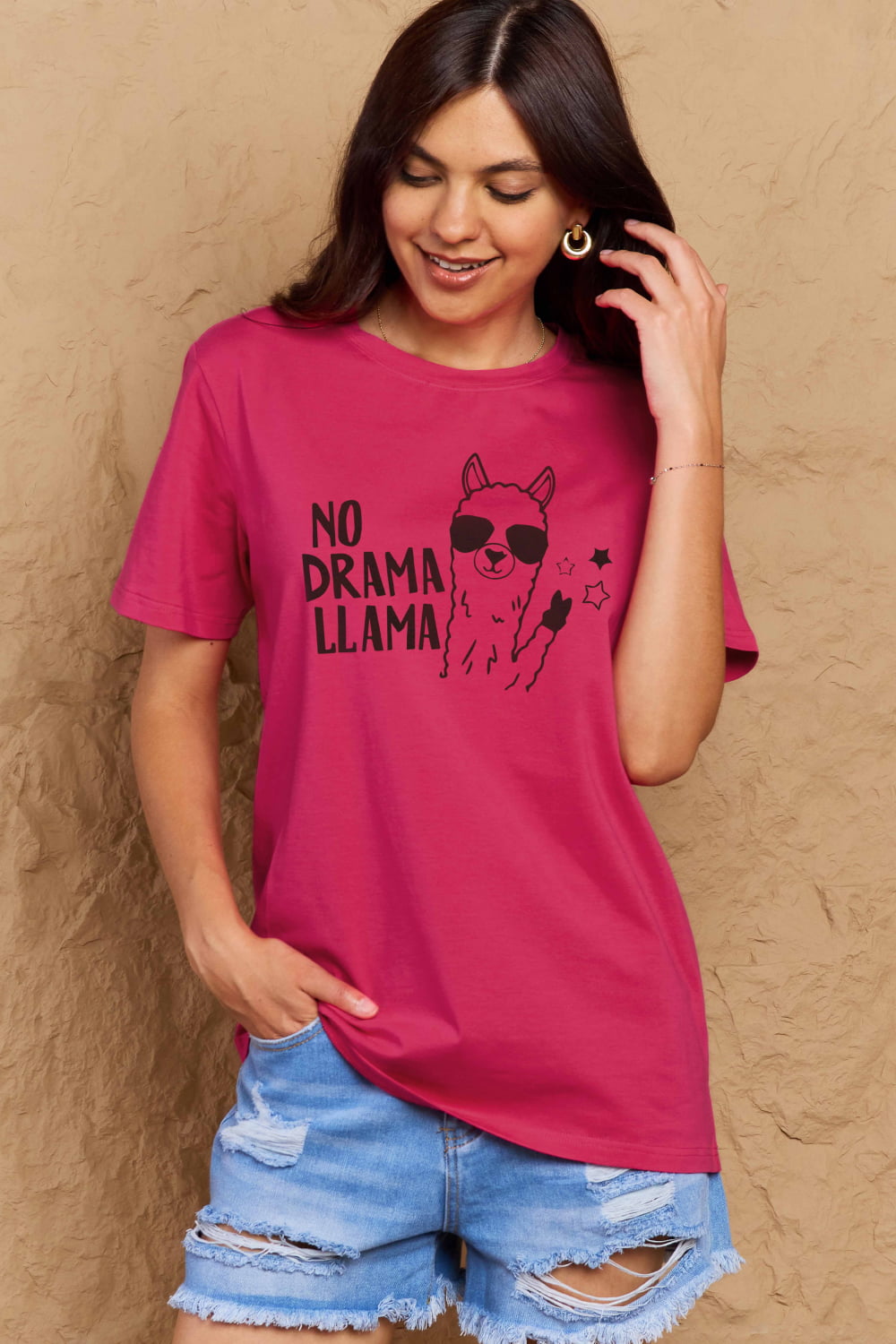 Simply Love Full Size NO DRAMA LLAMA Graphic Cotton Tee  - Doll Fits
