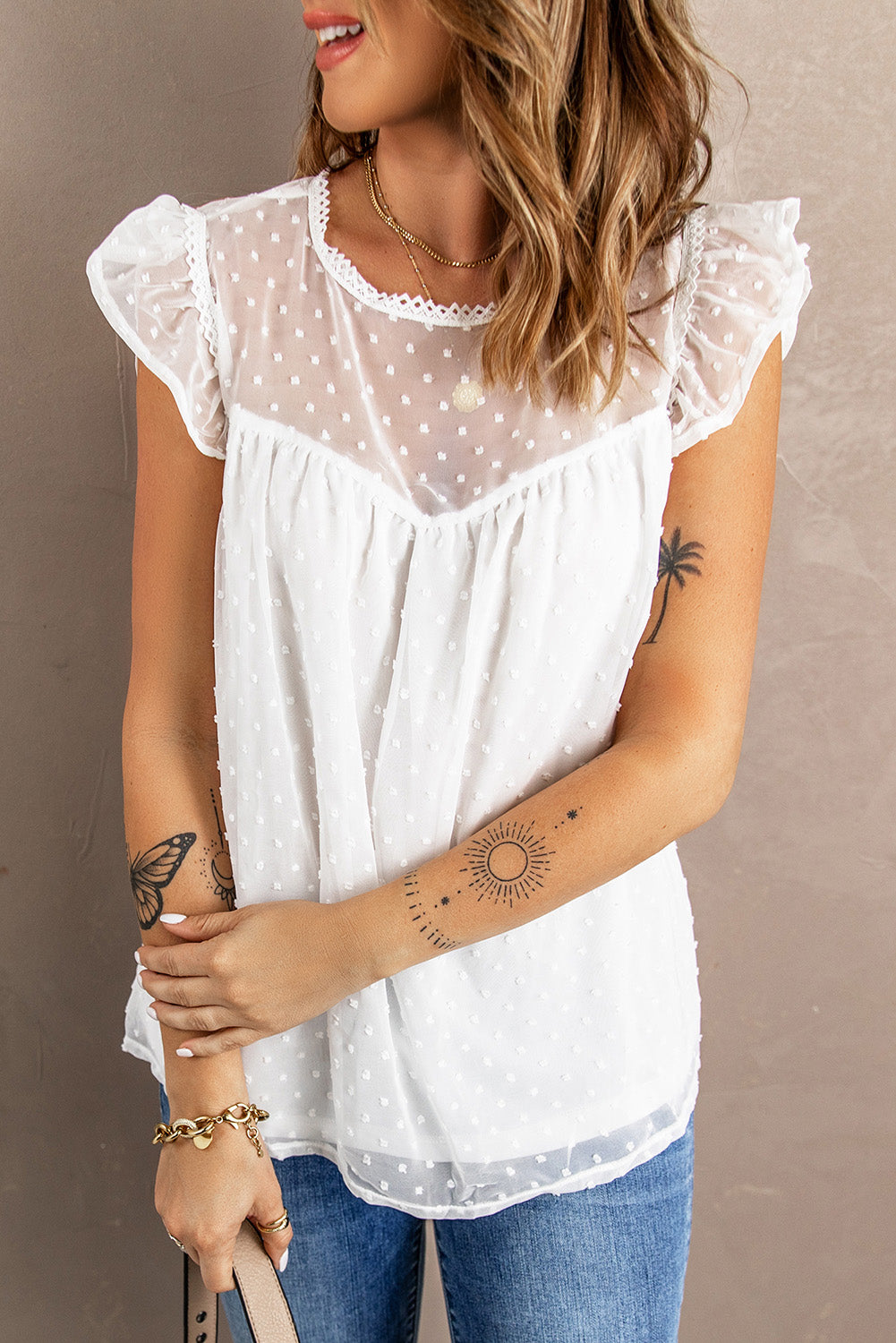 Swiss Dot Flutter Sleeve Round Neck Top  Shirts & Tops- Doll Fits