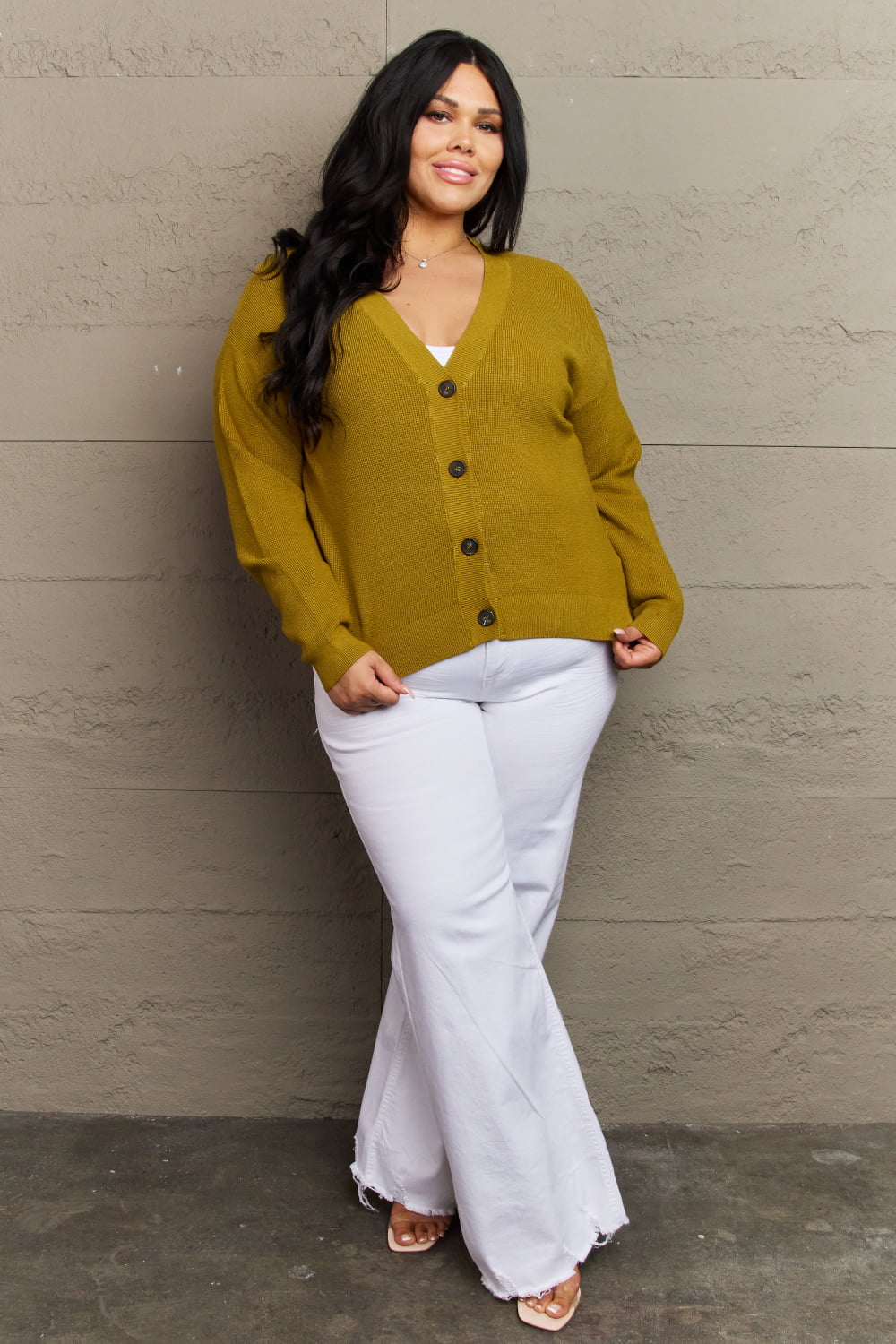 Zenana Kiss Me Tonight Full Size Button Down Cardigan in Chartreuse  - Doll Fits