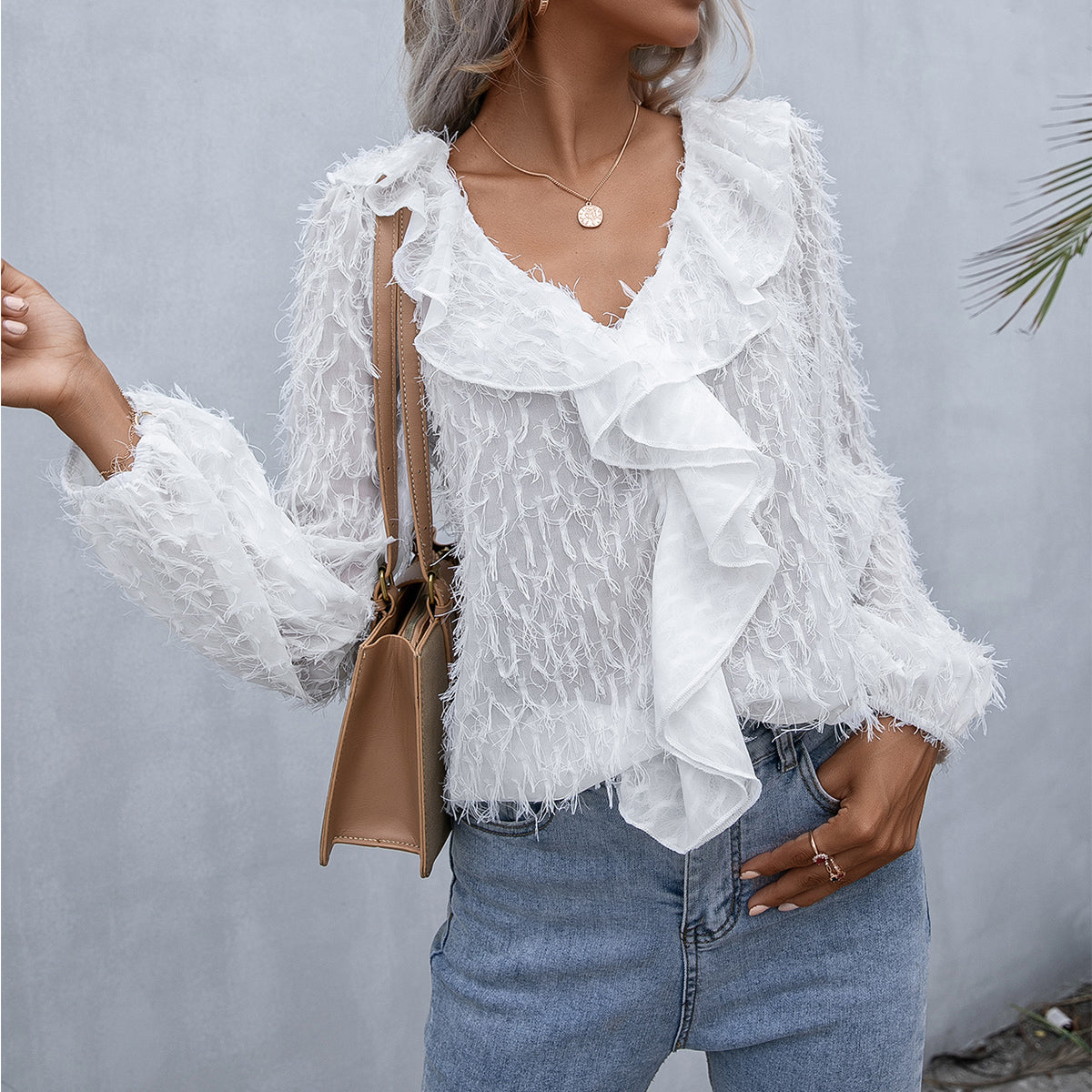 Double Take Ruffle Hem Fringe V-Neck Balloon Sleeve Blouse  - Doll Fits