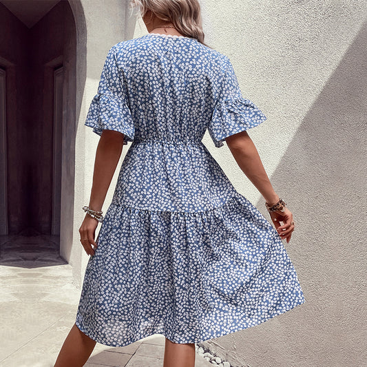 Floral Flounce Sleeve V-Neck Dress  Dresses- Doll Fits
