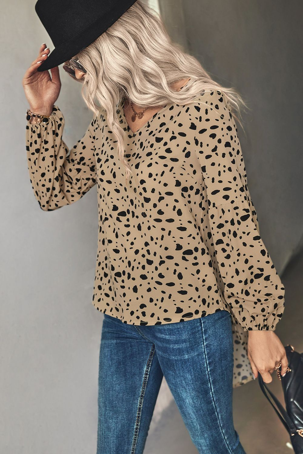 Animal Print V-Neck High-Low Blouse  Shirts & Tops- Doll Fits