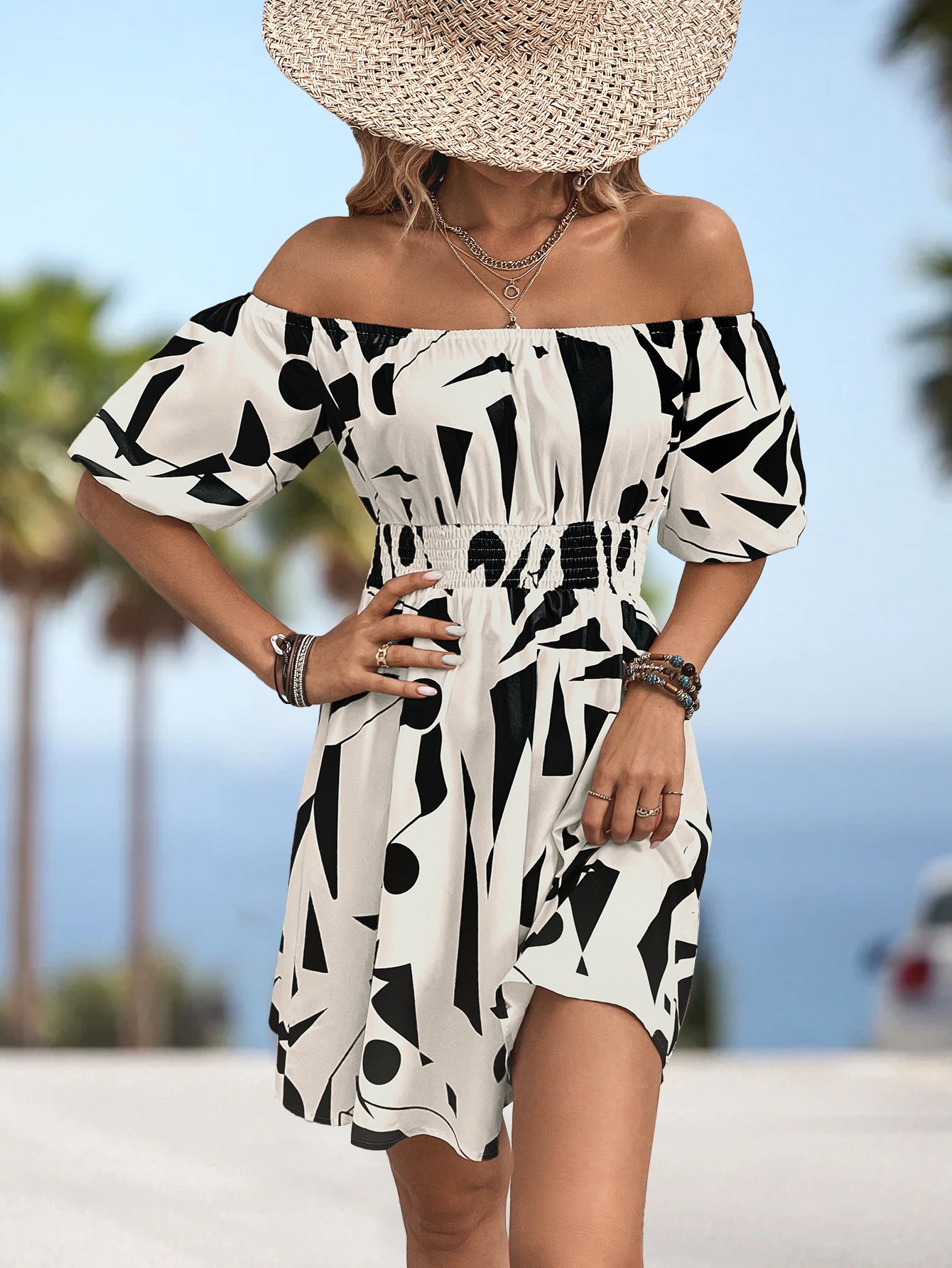 Printed Off-Shoulder Smocked Waist Dress  Dresses- Doll Fits