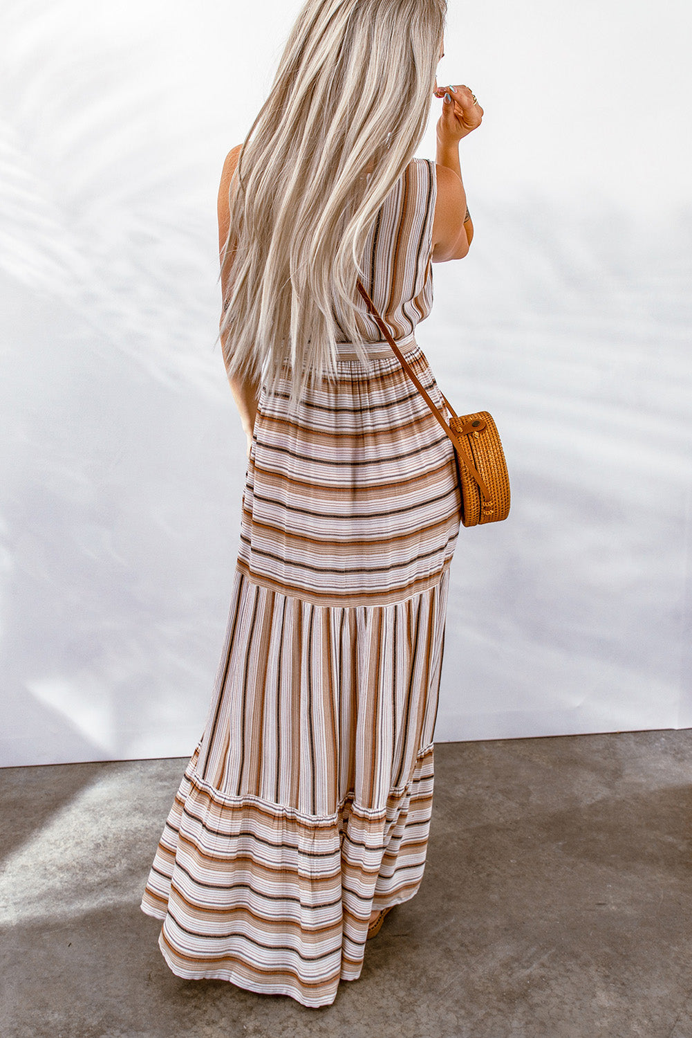 Striped Tie Waist Slit Sleeveless Dress  Dresses- Doll Fits