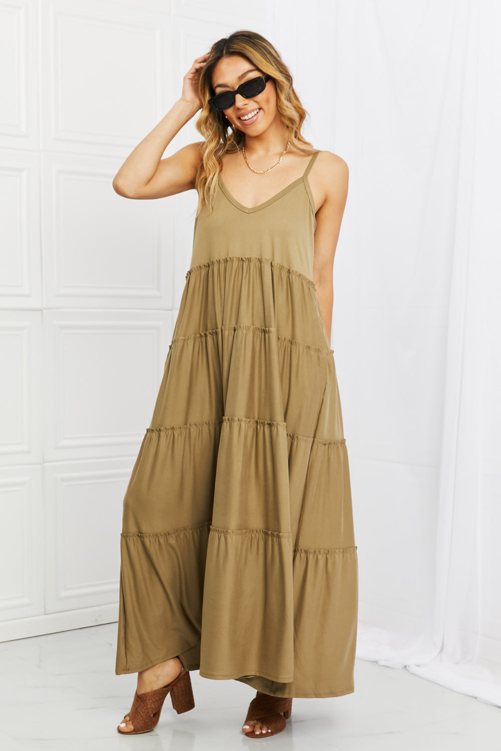 Zenana Full Size Spaghetti Strap Tiered Dress with Pockets in Khaki  Dresses- Doll Fits