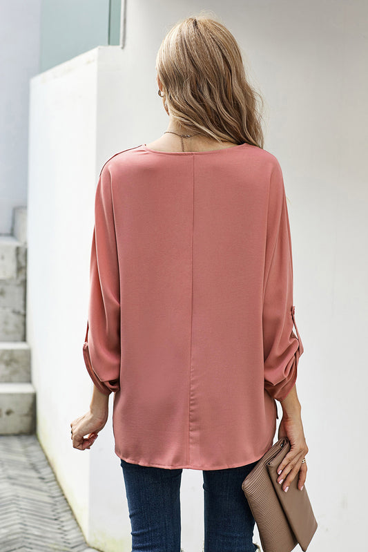 V-Neck Roll-Tab Sleeve Blouse  Shirts & Tops- Doll Fits