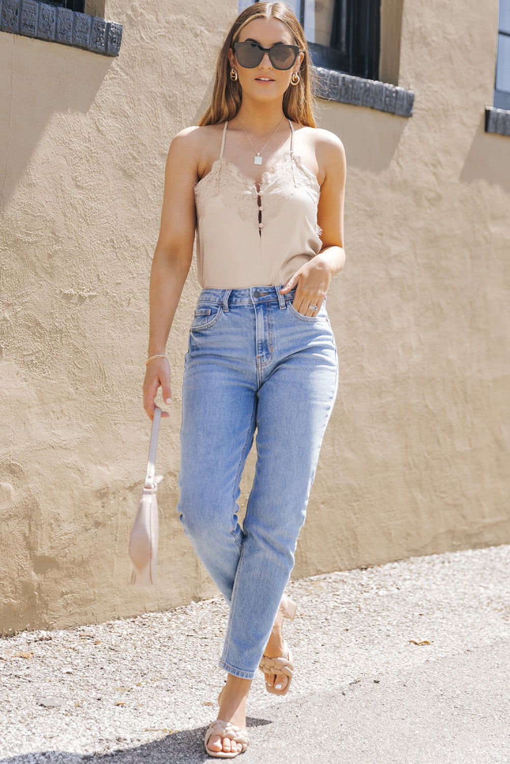 Lace Trim Buttoned Spaghetti Strap Bodysuit  Shirts & Tops- Doll Fits
