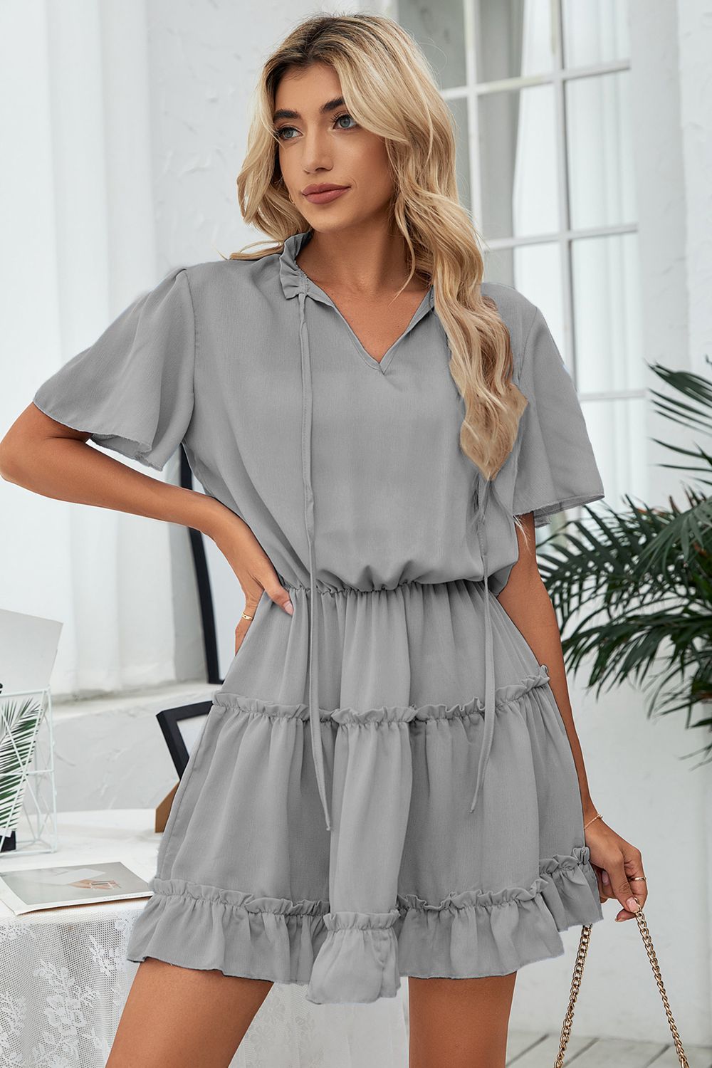 Tie Neck Frill Trim Short Sleeve Mini Dress  Dresses- Doll Fits