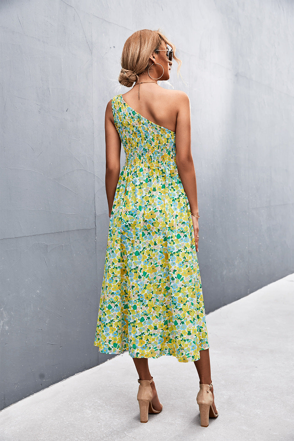 Floral Smocked One-Shoulder Midi Dress  Dresses- Doll Fits