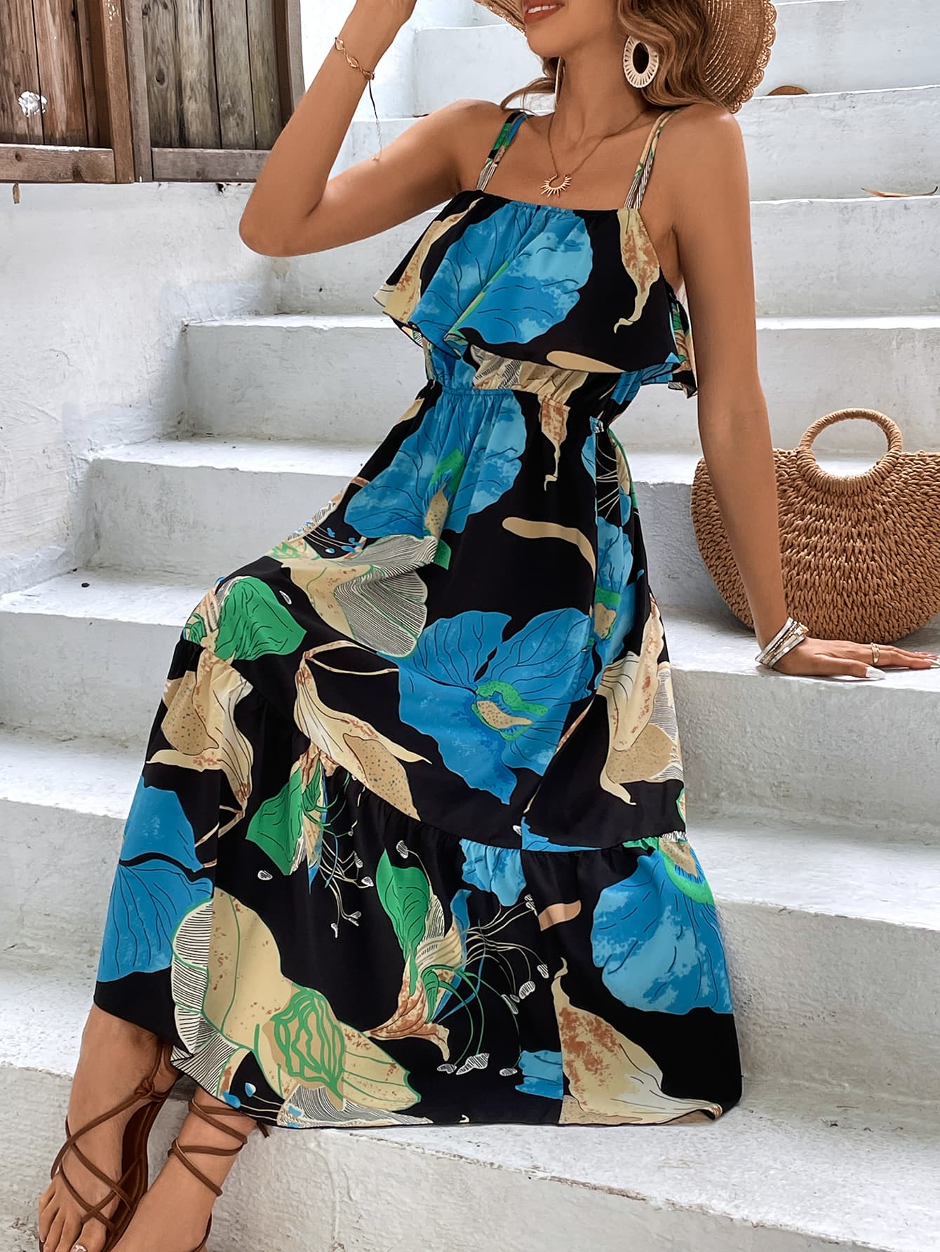 Floral Double-Strap Ruffle Hem Dress  Dresses- Doll Fits