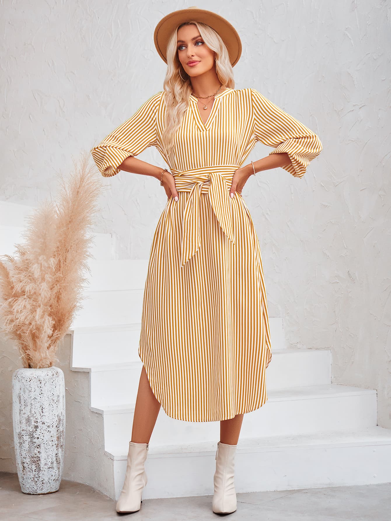 Striped Notched Neck Curved Hem Long Sleeve Dress  Dresses- Doll Fits