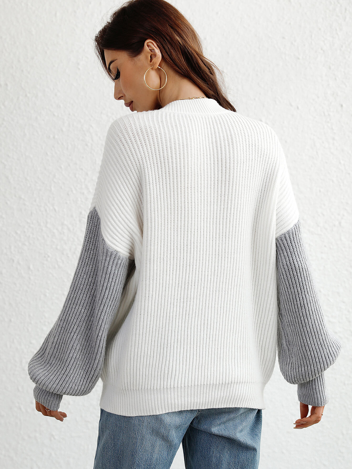 Two-Tone Rib-Knit Dropped Shoulder Sweater  Shirts & Tops- Doll Fits