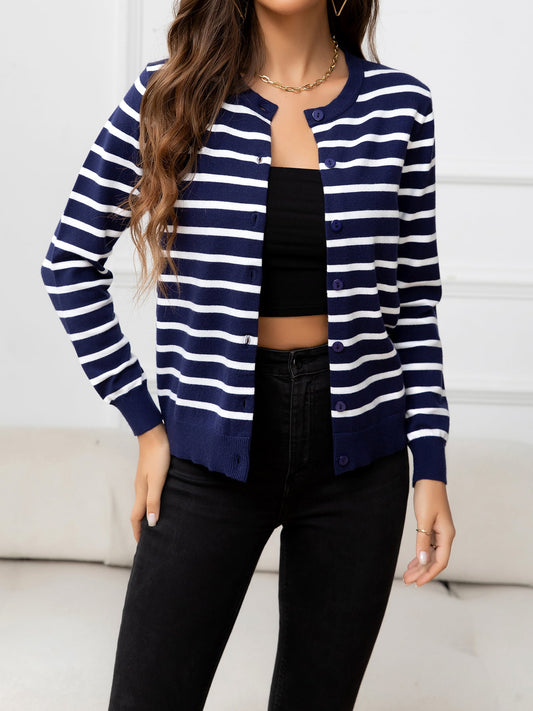 Striped Round Neck Long Sleeve Buttoned Knit Top  Shirts & Tops- Doll Fits