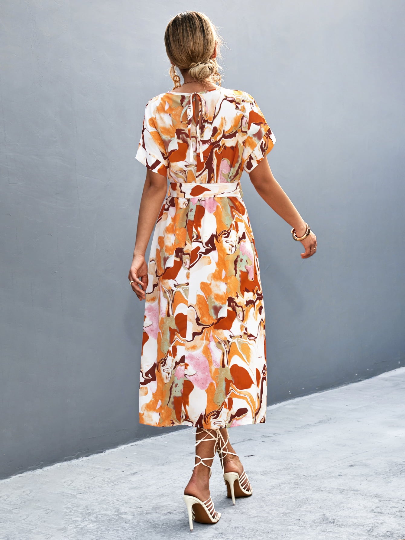 Round Neck Short Sleeve Tie Waist Midi Dress  Dresses- Doll Fits