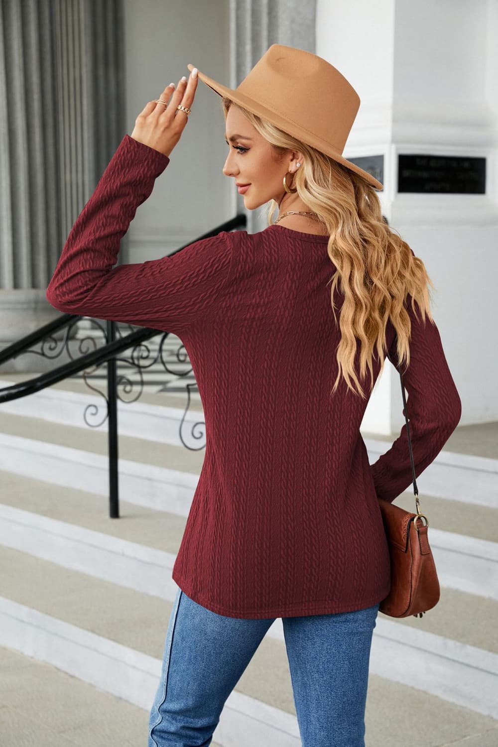 Cable-Knit Long Sleeve V-Neck T-Shirt  - Doll Fits