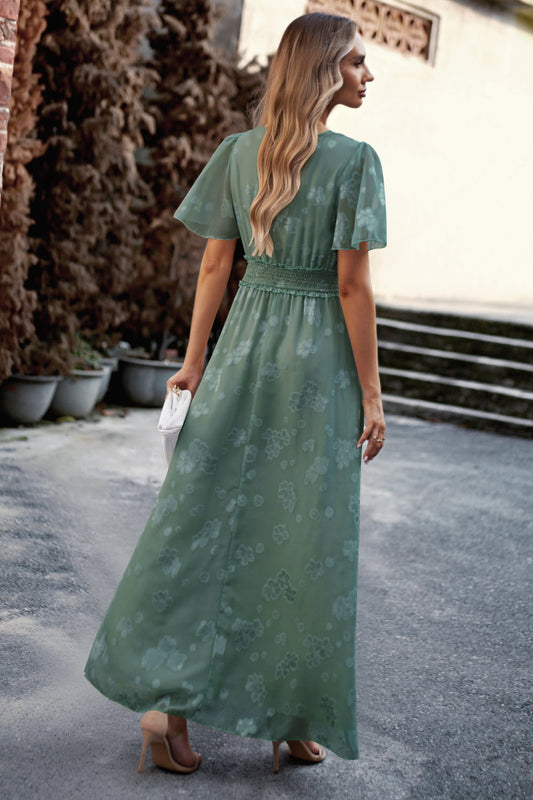 Floral Print V-Neck Smocked Waist High Slit Maxi Dress  Dresses- Doll Fits