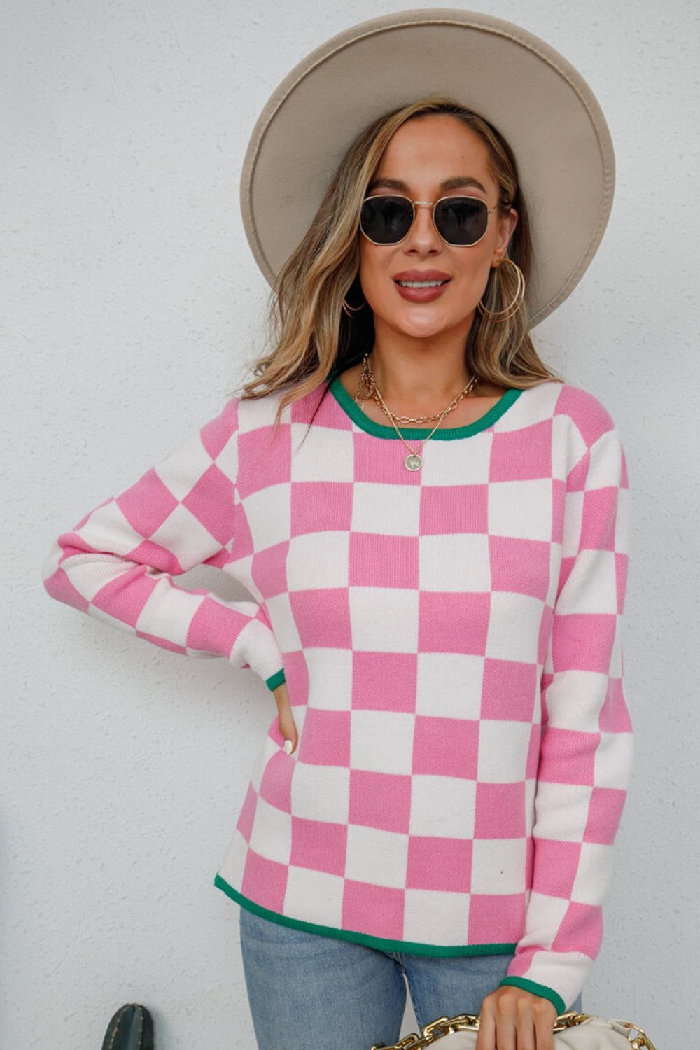 Checkered Round Neck Sweater  Shirts & Tops- Doll Fits
