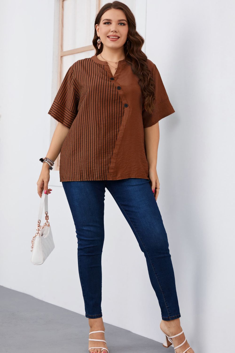Plus Size Striped Notched Neck Half Sleeve Top  Shirts & Tops- Doll Fits