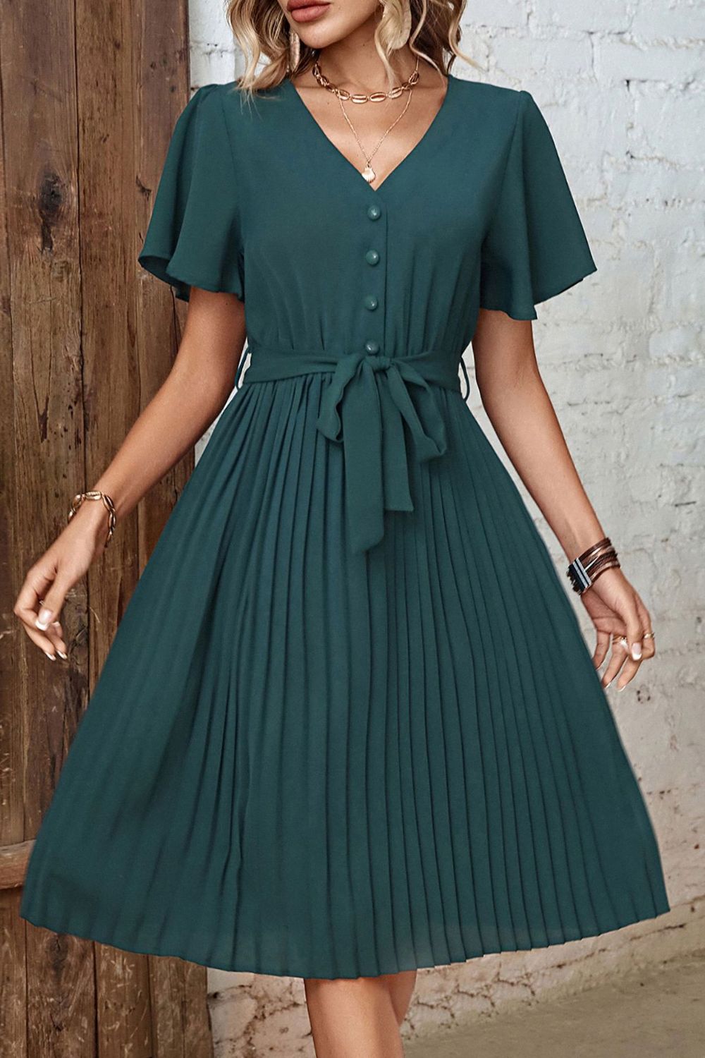 Buttoned V-Neck Flutter Sleeve Pleated Dress  Dresses- Doll Fits