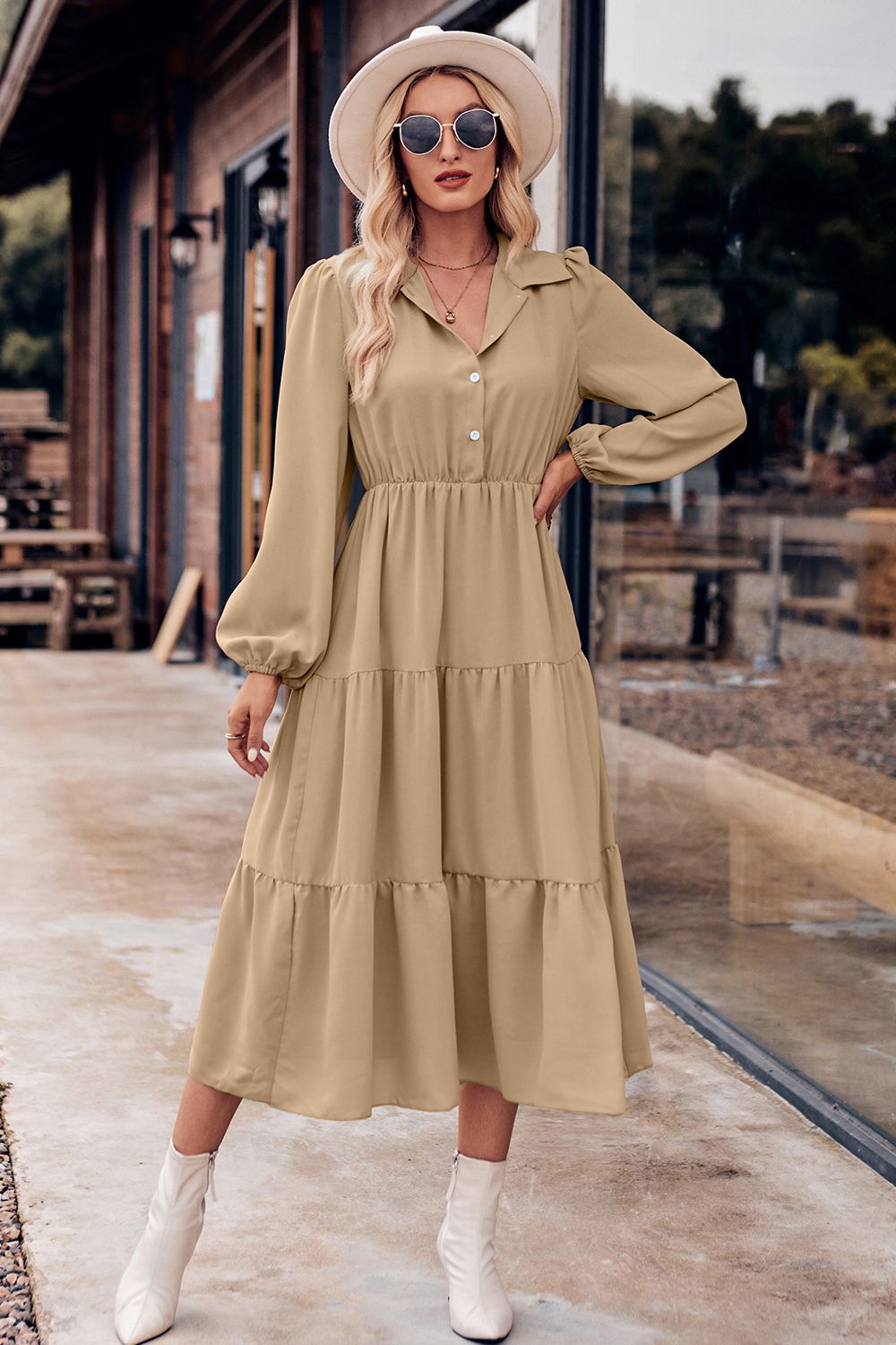 Collared Neck Long Sleeve Midi Dress  Dresses- Doll Fits