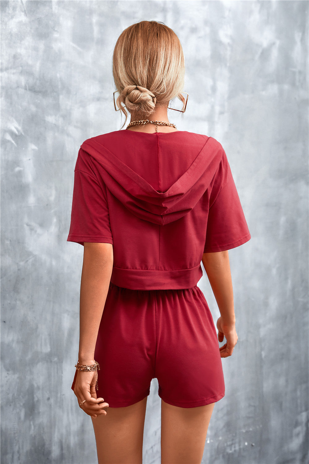 Half Zip Cropped Hooded T-Shirt and Shorts Set  Outfit Sets- Doll Fits