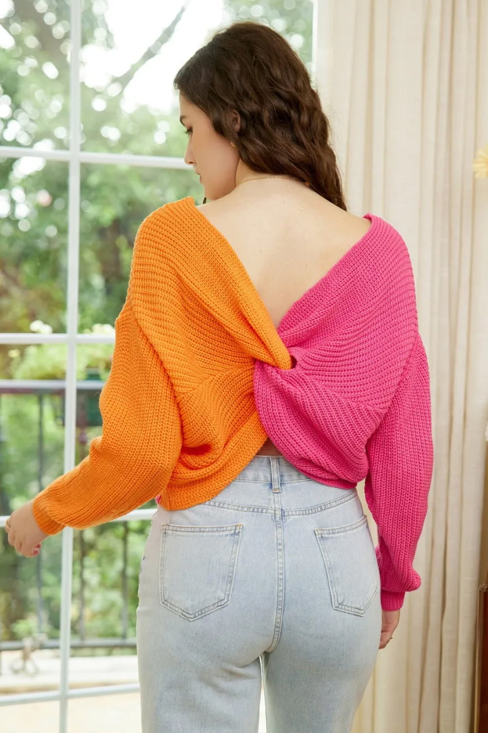 Double Take Two-Tone V-Neck Twisted Sweater  - Doll Fits