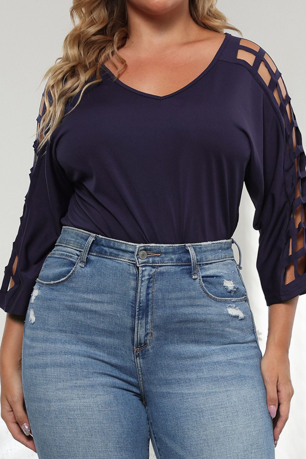Plus Size Cutout Three-Quarter Sleeve Blouse  Shirts & Tops- Doll Fits