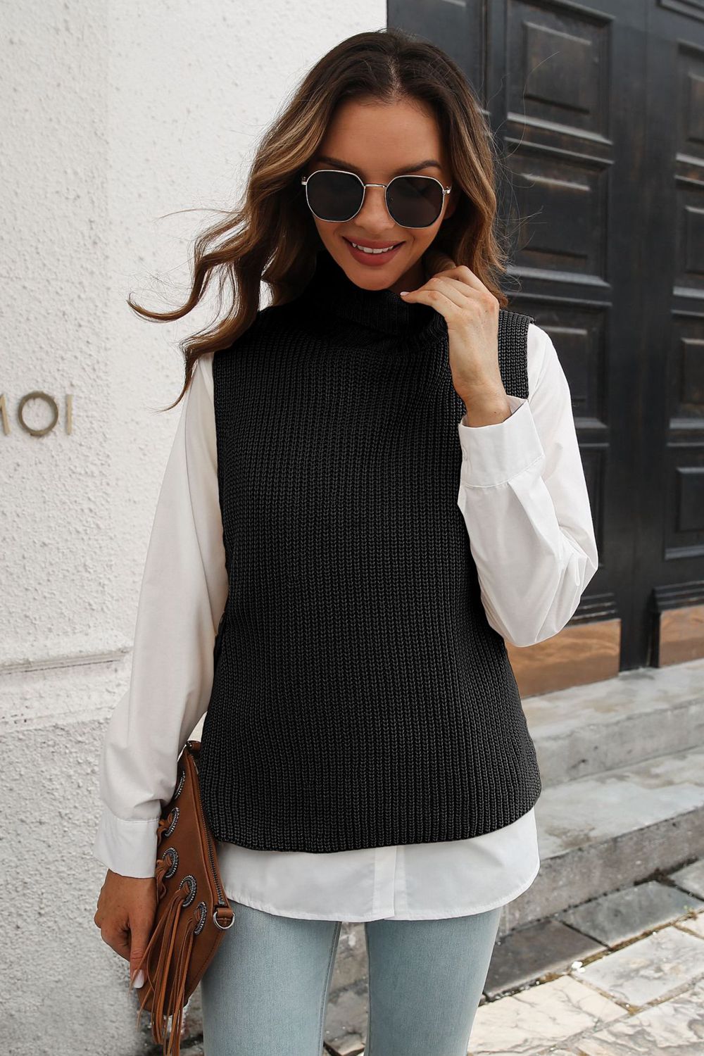 Ribbed Mock Neck Sleeveless Sweater Vest  - Doll Fits