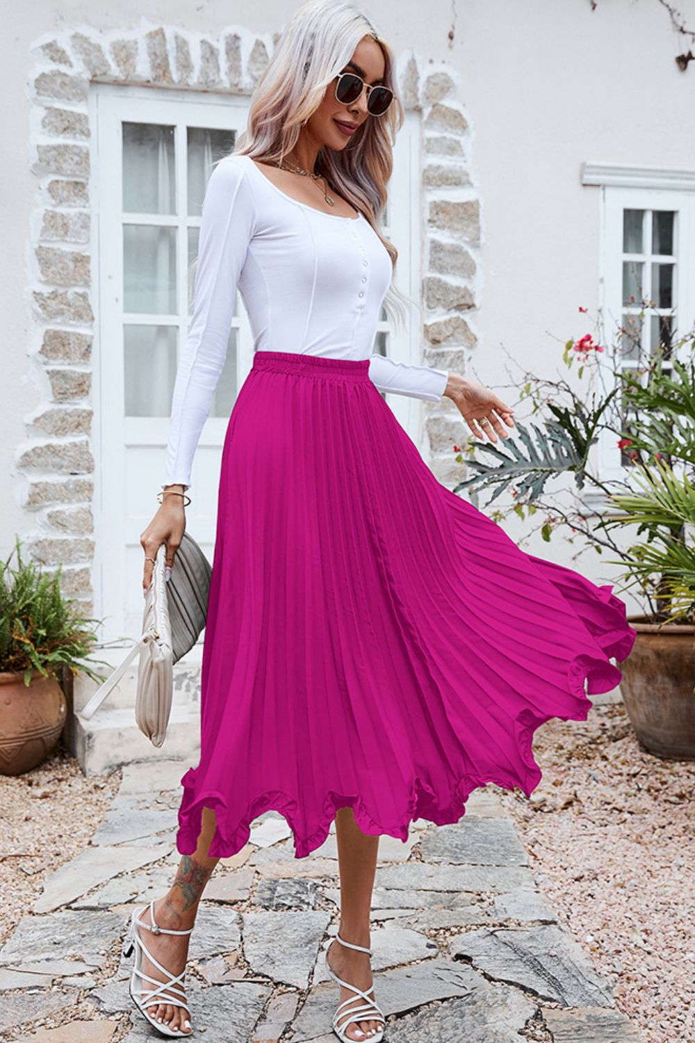 Frill Trim Smocked Waist Midi Skirt  Skirts- Doll Fits