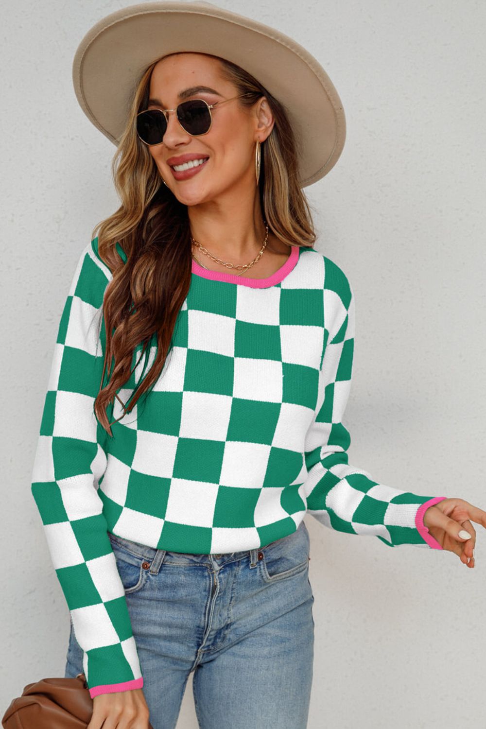 Checkered Round Neck Sweater  Shirts & Tops- Doll Fits