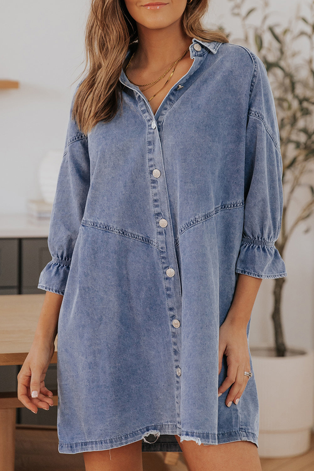 Collared Neck Flounce Sleeve Denim Mini Dress  Dresses- Doll Fits