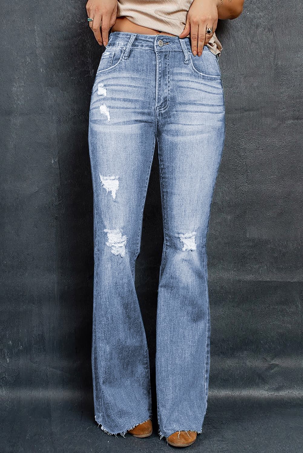 Distressed Raw Hem Flare Jeans  Pants- Doll Fits
