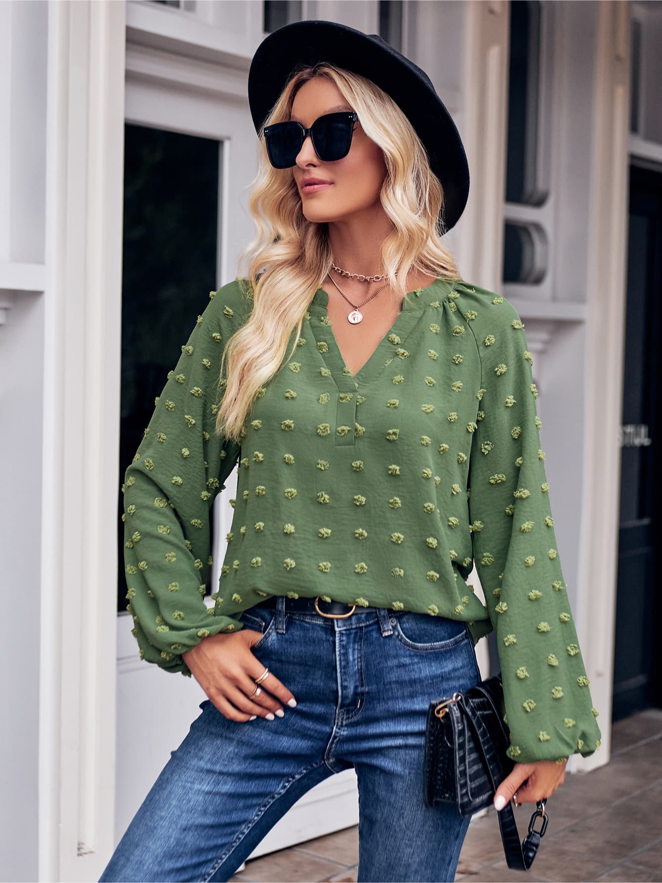 Swiss Dot Notched Neck Long Sleeve Blouse  - Doll Fits