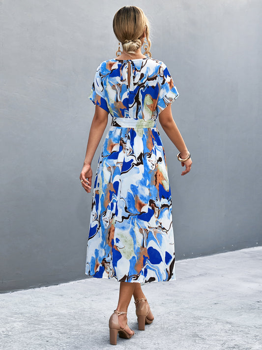 Round Neck Short Sleeve Tie Waist Midi Dress  Dresses- Doll Fits