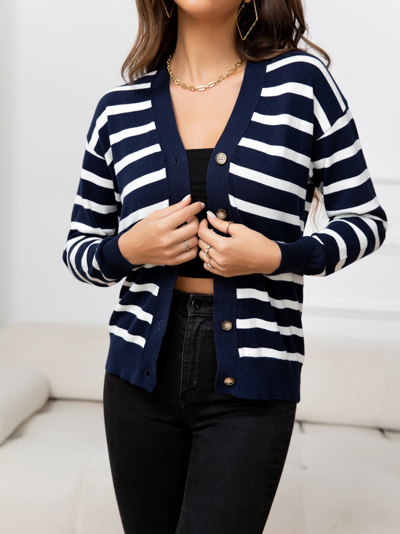 Striped Dropped Shoulder V-Neck Knit Top  - Doll Fits