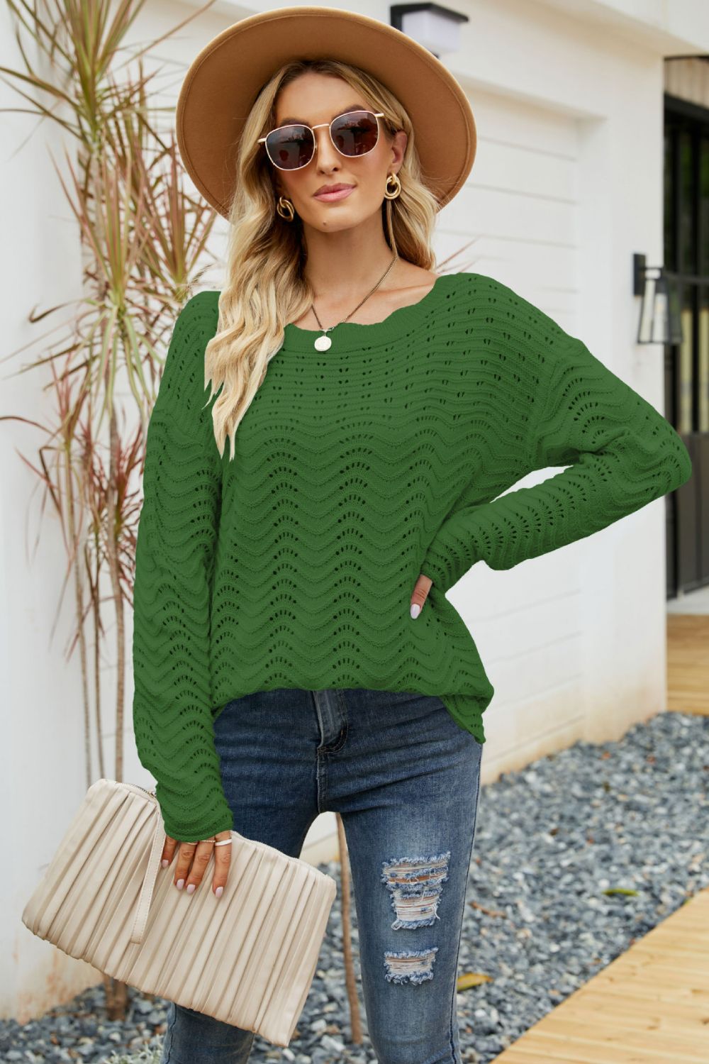 Scalloped Boat Neck Openwork Tunic Sweater  Shirts & Tops- Doll Fits