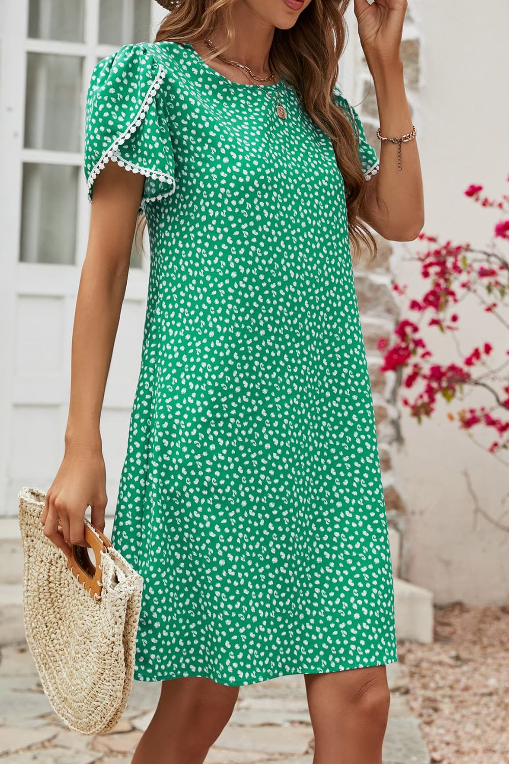 Floral Pom Pom Detail Petal Sleeve Dress  Dresses- Doll Fits