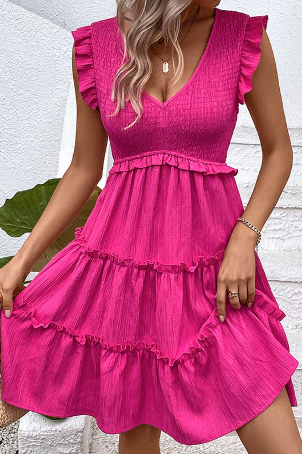 Smocked Frill Trim Deep V Dress  Dresses- Doll Fits