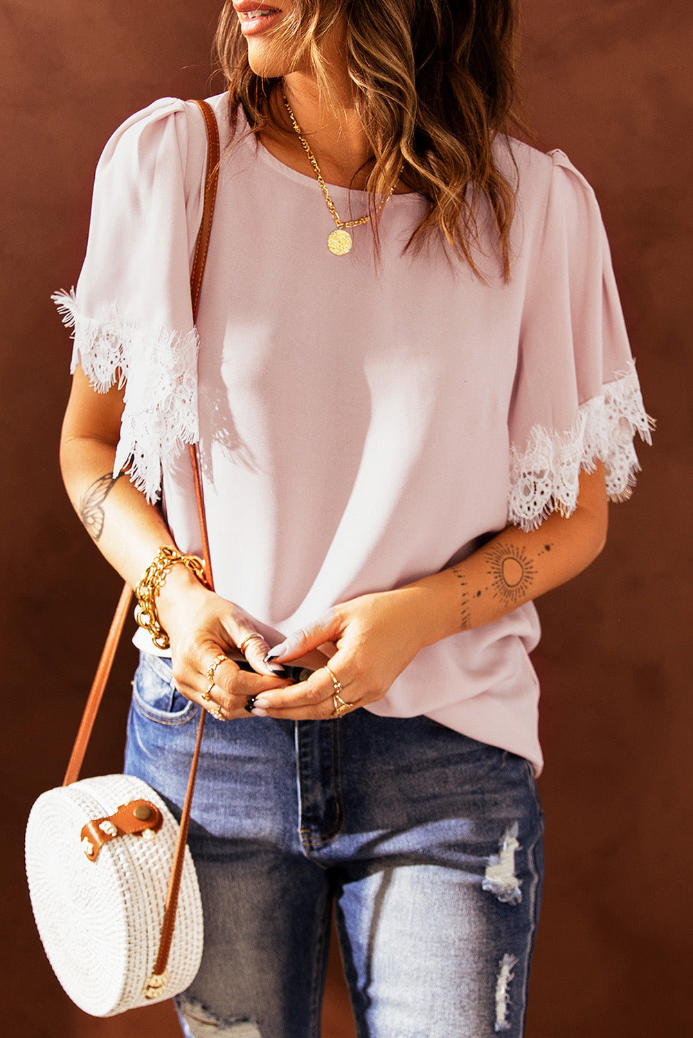 Lace Trim Flutter Sleeve Blouse  Shirts & Tops- Doll Fits