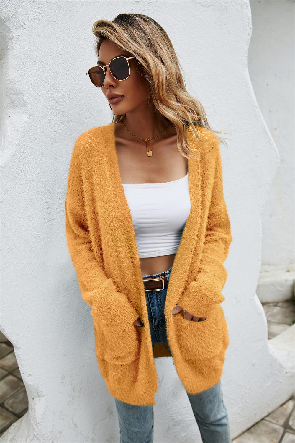 Open Front Openwork Fuzzy Cardigan with Pockets  Coats & Jackets- Doll Fits