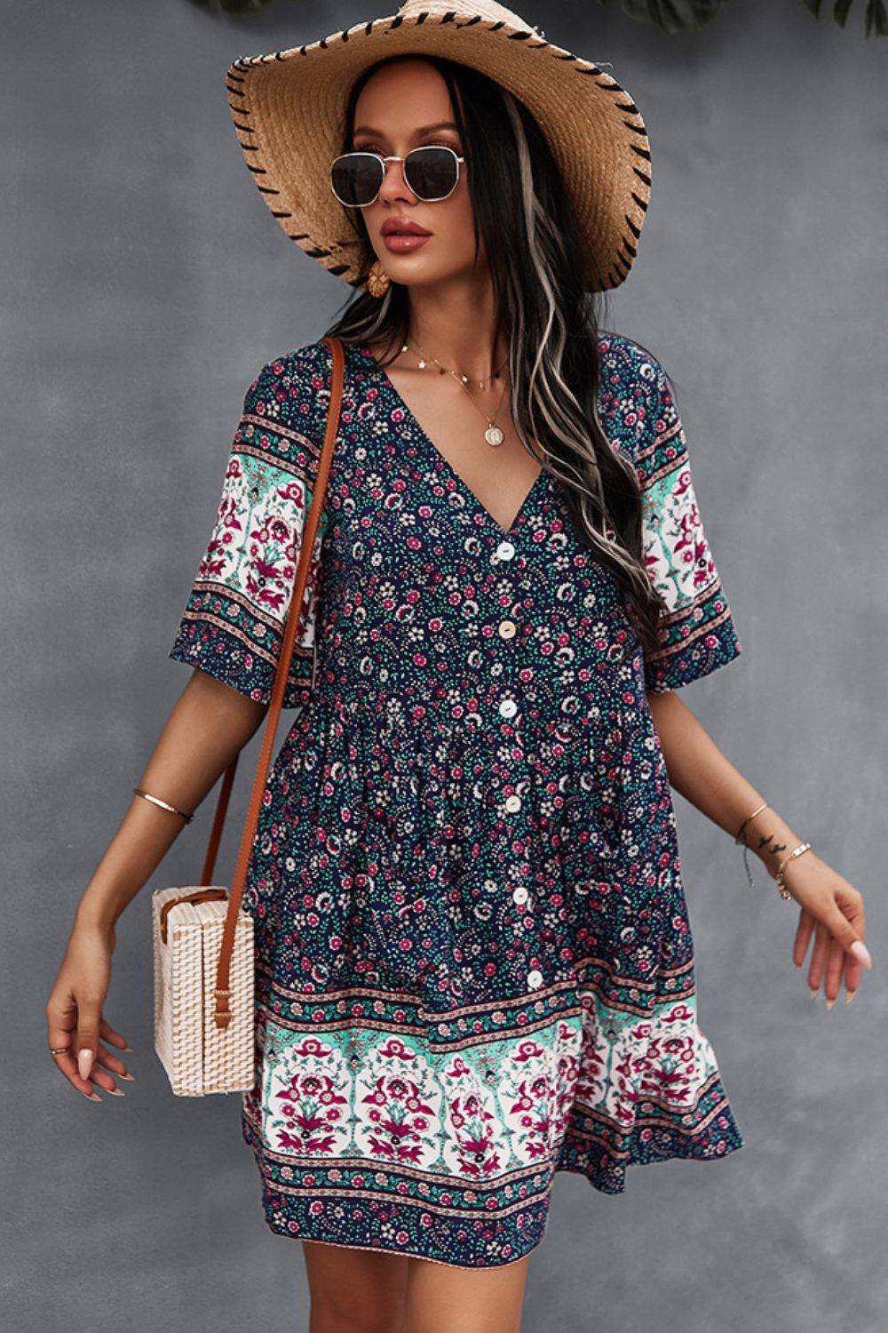 Bohemian V-Neck Half Sleeve Dress  Dresses- Doll Fits