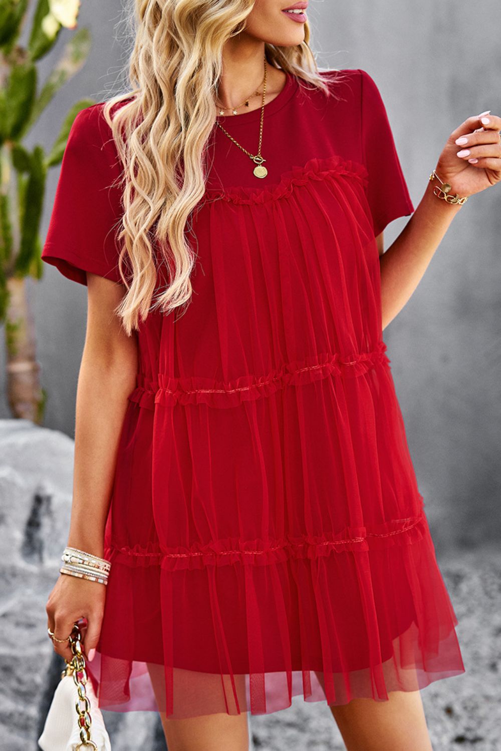 Frill Trim Spliced Mesh Mini Dress  Dresses- Doll Fits
