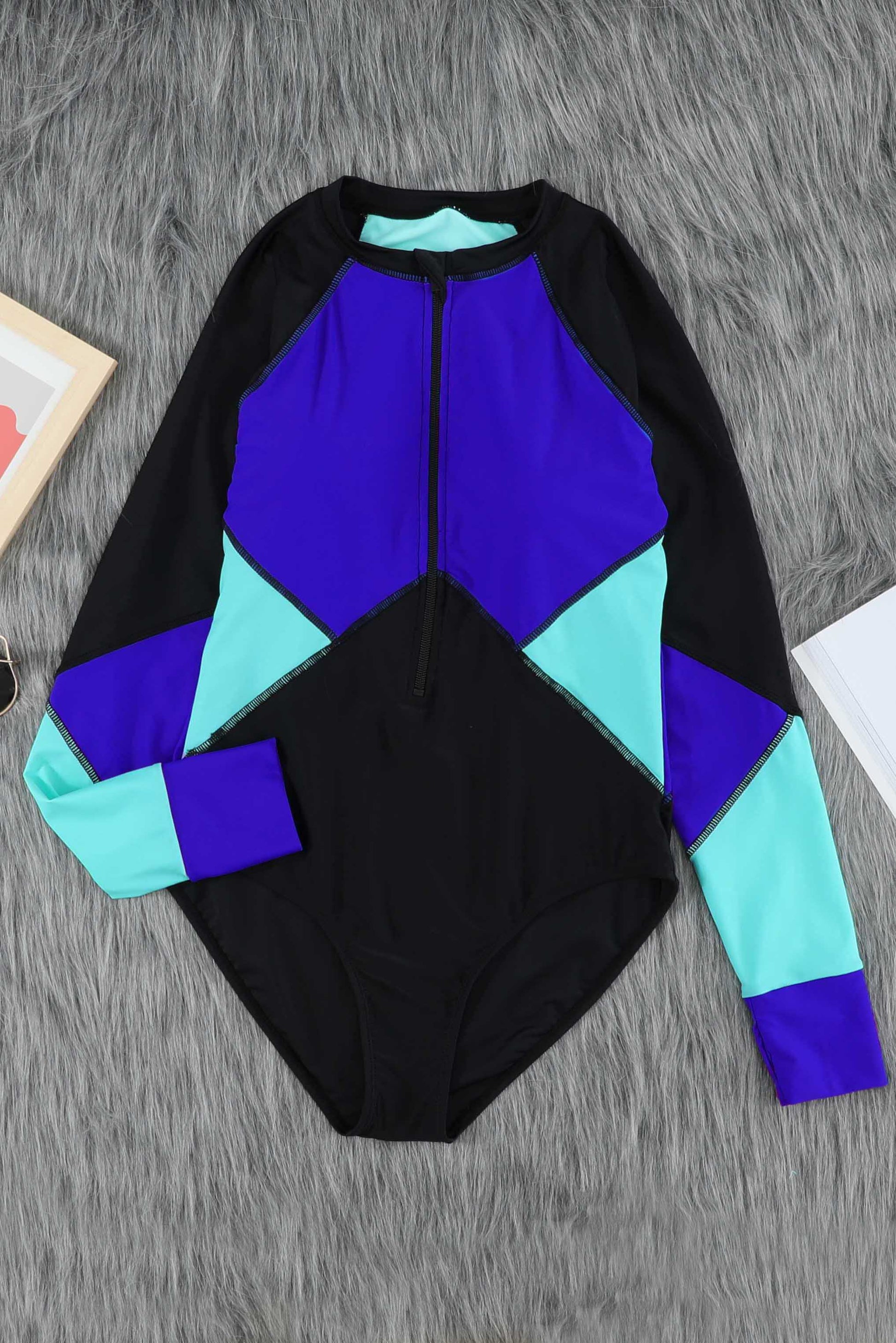Color Block Half Zip Long Sleeve One-Piece Swimsuit  Swimwear- Doll Fits
