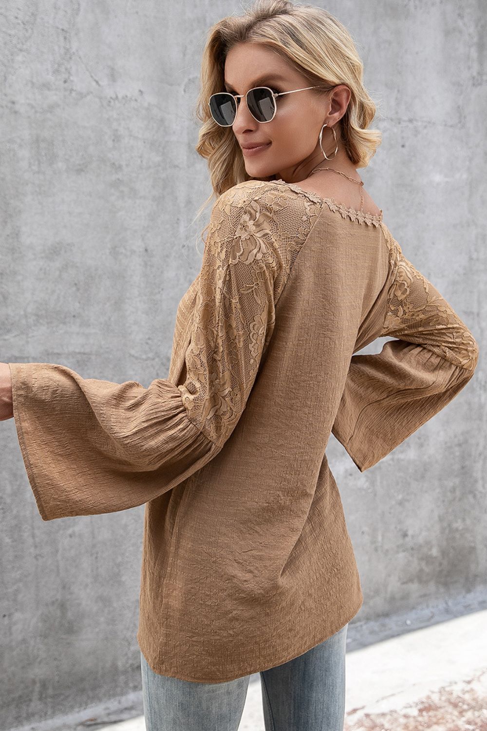 V-Neck Spliced Lace Flare Sleeve Top  Shirts & Tops- Doll Fits