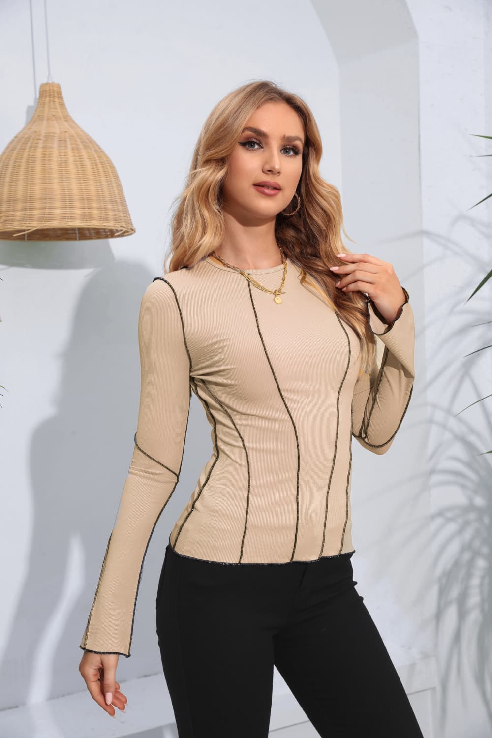 Ribbed Round Neck Long Sleeve Blouse  Shirts & Tops- Doll Fits